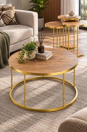 SuloraHome 4'lü Yuvarlak Sehpa Seti Ceviz ve Gold Metal Ayaklı