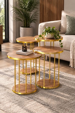 SuloraHome 4'lü Yuvarlak Sehpa Seti Ceviz ve Gold Metal Ayaklı