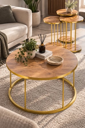 SuloraHome 4'lü Yuvarlak Sehpa Seti Ceviz ve Gold Metal Ayaklı