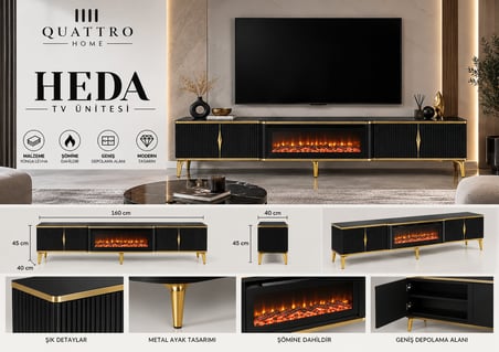 Heda Elektrikli Şömineli TV Ünitesi Siyah Gold Modern Tasarım 160 cm