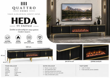 Heda Elektrikli Şömineli TV Ünitesi Siyah Gold Modern Tasarım 160 cm