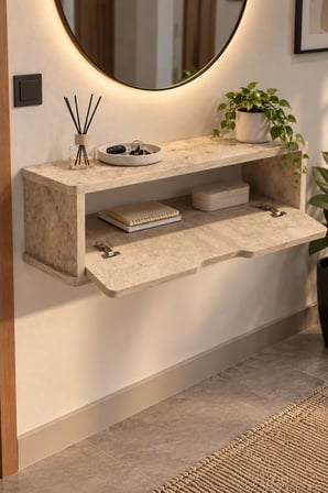 SuloraHome Dresuar Duvara Monteli Kapaklı Duvar Rafı Antre Hol Modern Dolap Konsol Luna 182 Traverten