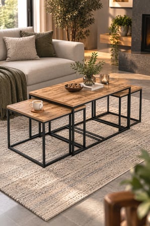 SuloraHome 4'lü Kahverengi Sehpa Seti - Atlantik Çam Desenli ve Metal Ayaklı
