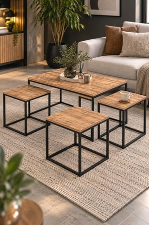 SuloraHome 4'lü Kahverengi Sehpa Seti - Atlantik Çam Desenli ve Metal Ayaklı