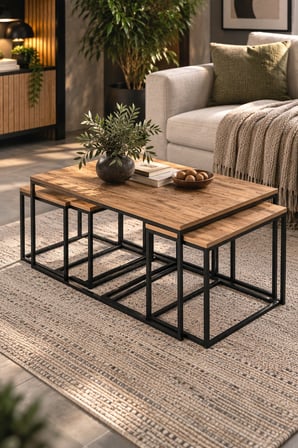 SuloraHome 4'lü Kahverengi Sehpa Seti - Atlantik Çam Desenli ve Metal Ayaklı