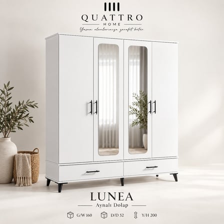 Lunea 4 Kapaklı Aynalı 2 Çekmeceli Gardırop