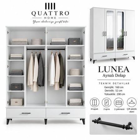 Lunea 4 Kapaklı Aynalı 2 Çekmeceli Gardırop