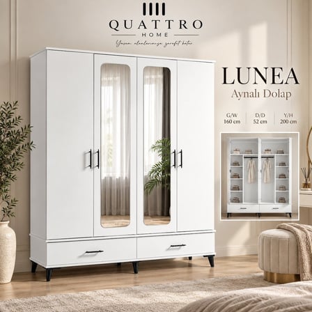 Lunea 4 Kapaklı Aynalı 2 Çekmeceli Gardırop