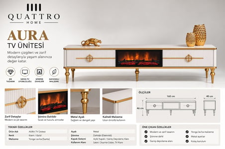 Aura Şömineli TV Ünitesi Krem Gold Metal Ayaklı Modern Tasarım 160 cm