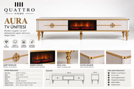 Aura Şömineli TV Ünitesi Krem Gold Metal Ayaklı Modern Tasarım 160 cm
