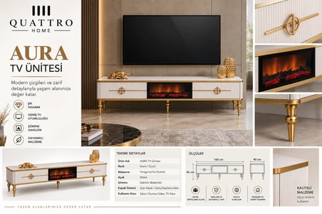 Aura Şömineli TV Ünitesi Krem Gold Metal Ayaklı Modern Tasarım 160 cm
