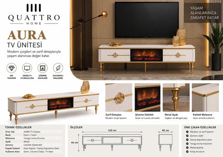 Aura Şömineli TV Ünitesi Krem Gold Metal Ayaklı Modern Tasarım 160 cm