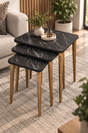 SuloraHome Siyah Torna Ayaklı 3'lü Zigon Sehpa Takımı