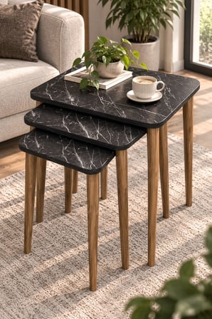 SuloraHome Siyah Torna Ayaklı 3'lü Zigon Sehpa Takımı