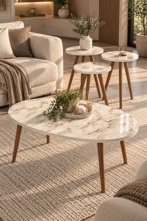 SuloraHome 4'lü Elips Sehpa Seti Mermer Desenli Bej Efes Tasarım