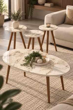 SuloraHome 4'lü Elips Sehpa Seti Mermer Desenli Bej Efes Tasarım