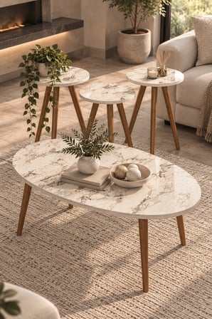 SuloraHome 4'lü Elips Sehpa Seti Mermer Desenli Bej Efes Tasarım