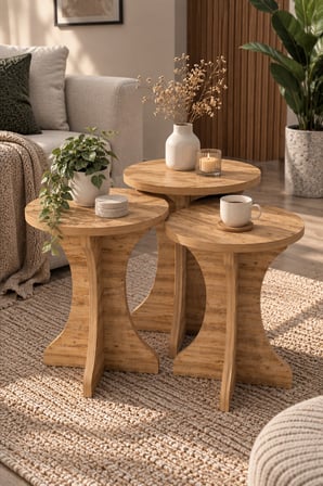 SuloraHome Mantar Zigon Sehpa Takımı Çam Kahverengi