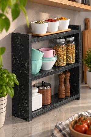 SuloraHome 3 Raflı Mermer Desenli Siyah Tezgah Üstü Düzenleyici Raf