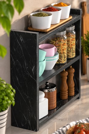 SuloraHome 3 Raflı Mermer Desenli Siyah Tezgah Üstü Düzenleyici Raf