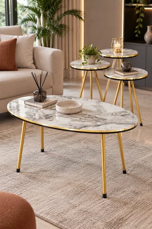 SuloraHome Beyaz Mermer Desenli ve Gold Metal Ayaklı 4'lü Sehpa Seti