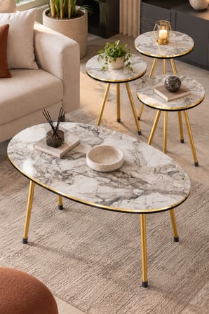 SuloraHome Beyaz Mermer Desenli ve Gold Metal Ayaklı 4'lü Sehpa Seti