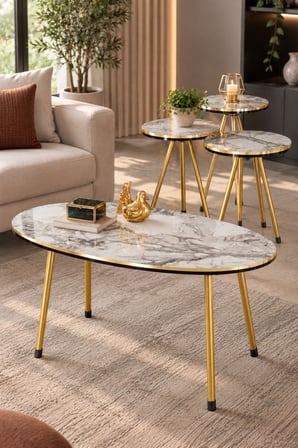 SuloraHome Beyaz Mermer Desenli ve Gold Metal Ayaklı 4'lü Sehpa Seti