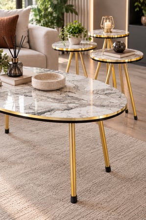 SuloraHome Beyaz Mermer Desenli ve Gold Metal Ayaklı 4'lü Sehpa Seti