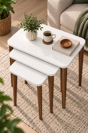 SuloraHome Torna Gürgen Ayaklı Beyaz 3'lü Zigon Sehpa Takımı