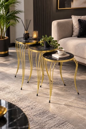 SuloraHome Lükens Ayaklı Mermer Desenli 3'lü Zigon Sehpa Takımı Siyah Gold