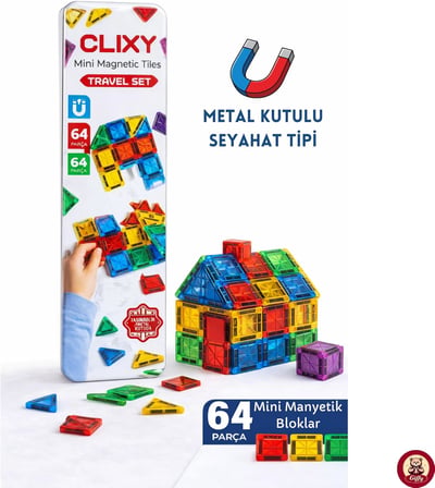 Manyetik Yapı Blokları - 64 Parça Seyahat Tipi Mini Bloklar Metal Saklama Kutulu Çanta Boy Renkli