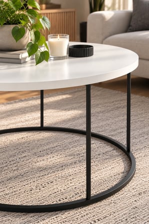 SuloraHome Siyah Ayaklı Beyaz Yuvarlak Orta Sehpa