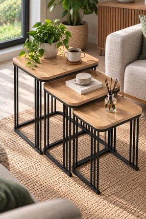 SuloraHome 3'lü Kare Zigon Sehpa Seti Kahverengi Atlantik Çam Desenli