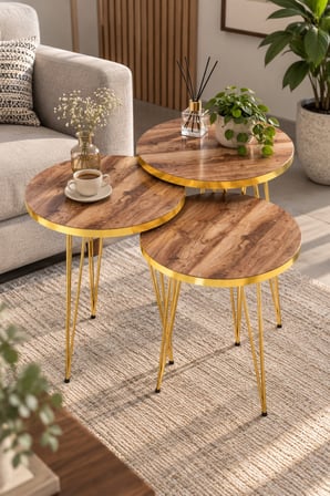SuloraHome Gold Ceviz Desenli Zigon Sehpa Seti