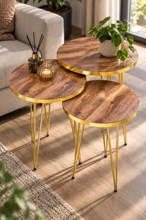 SuloraHome Gold Ceviz Desenli Zigon Sehpa Seti