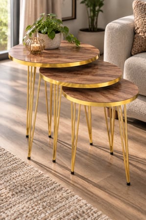 SuloraHome Gold Ceviz Desenli Zigon Sehpa Seti