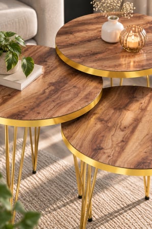 SuloraHome Gold Ceviz Desenli Zigon Sehpa Seti