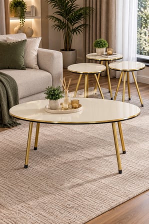 SuloraHome Gold Metal Ayaklı 4'lü Sehpa Seti Krem