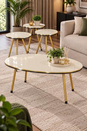 SuloraHome Gold Metal Ayaklı 4'lü Sehpa Seti Krem