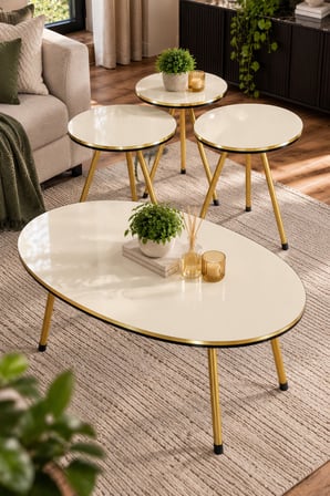 SuloraHome Gold Metal Ayaklı 4'lü Sehpa Seti Krem