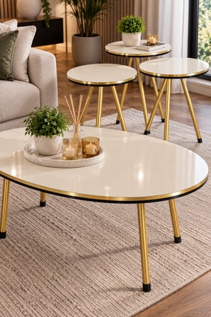 SuloraHome Gold Metal Ayaklı 4'lü Sehpa Seti Krem