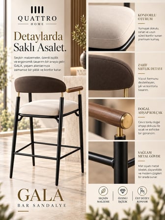 Gala Bar Sandalyesi – Ahşap Kolçaklı, Döşemeli, Metal Ayaklı