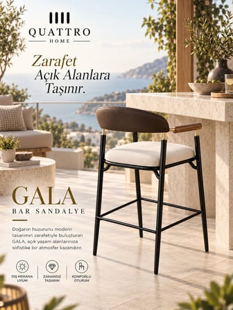 Gala Bar Sandalyesi – Ahşap Kolçaklı, Döşemeli, Metal Ayaklı