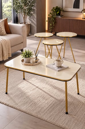 SuloraHome Gold Metal Düz Ayak 4'lü Sehpa Seti Krem