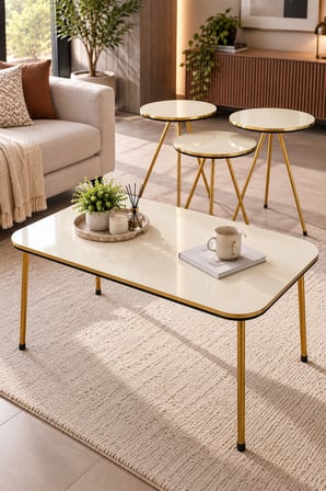 SuloraHome Gold Metal Düz Ayak 4'lü Sehpa Seti Krem