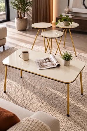 SuloraHome Gold Metal Düz Ayak 4'lü Sehpa Seti Krem