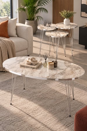 SuloraHome Gümüş Tel Ayaklı Mermer Desenli 4'lü Sehpa Seti Beyaz