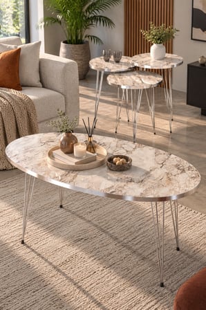 SuloraHome Gümüş Tel Ayaklı Mermer Desenli 4'lü Sehpa Seti Beyaz