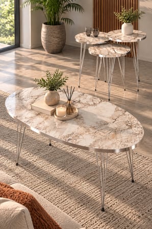 SuloraHome Gümüş Tel Ayaklı Mermer Desenli 4'lü Sehpa Seti Beyaz