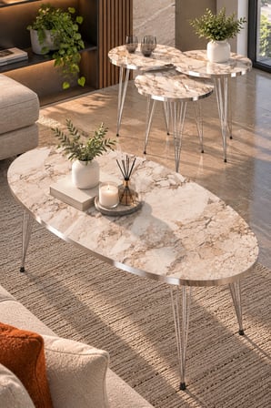 SuloraHome Gümüş Tel Ayaklı Mermer Desenli 4'lü Sehpa Seti Beyaz